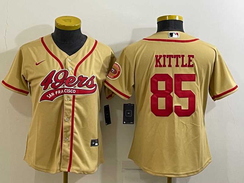Womens San Francisco 49ers #85 George Kittle Gold With Patch Cool Base Stitched Baseball Jersey